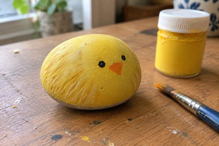 19 Rock Painting Ideas Step by Step for First-Time Painters Yellow painted rock chick with black eyes and orange beak beside paintbrush on wooden table.
