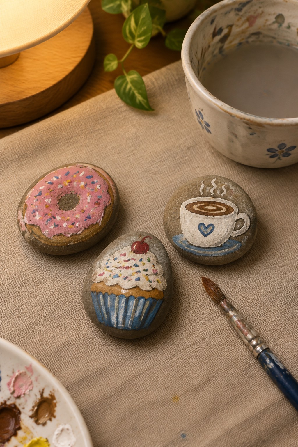 Three smooth stones painted as a pink donut, a cupcake with blue wrapper, and a white coffee cup rest on a beige cloth next to a paintbrush and palette.
