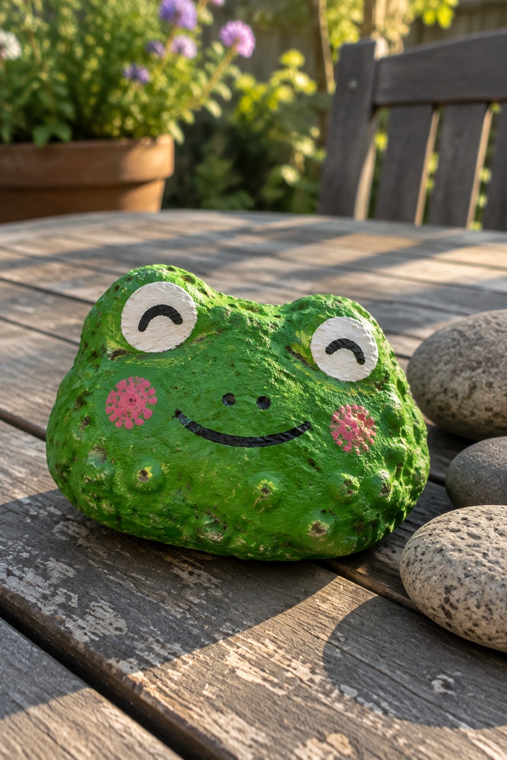 Green painted frog rock with white eyes, black smile and pink cheeks on table