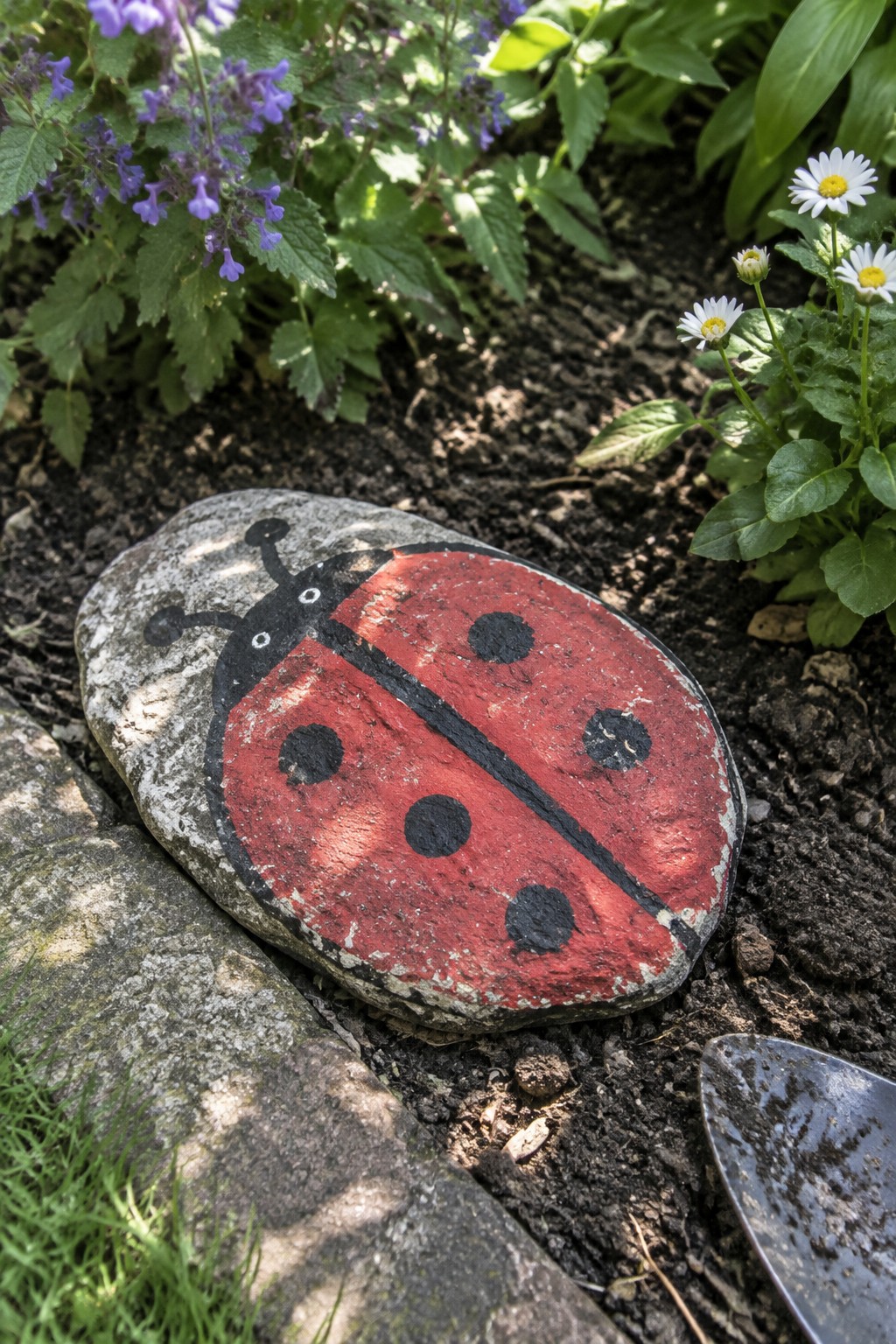 Red ladybug painted rock on garden soil near flowers and trowel