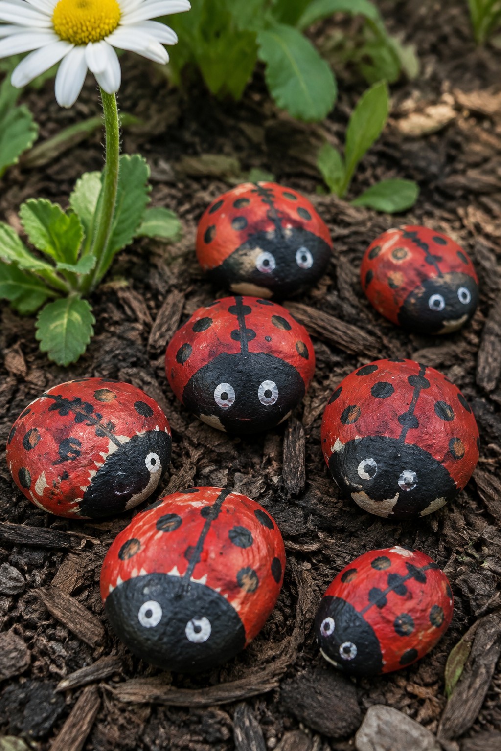 Several small rocks painted as red ladybugs with black spots and white eyes rest on dark soil next to a white daisy.