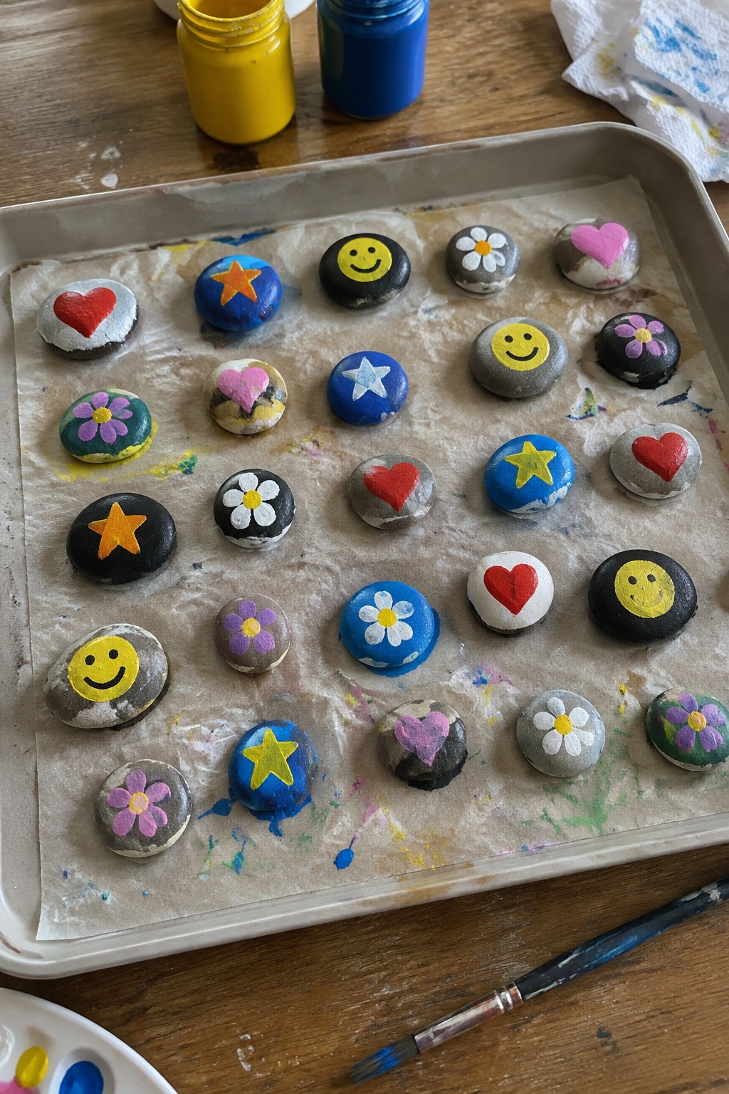Colorful painted rocks with hearts, stars, flowers, and smiley faces on a tray