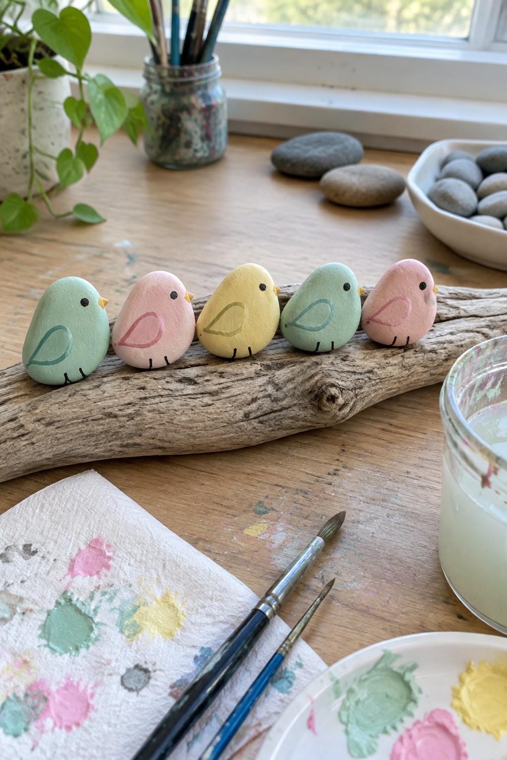 Five pastel painted bird stones on driftwood amid brushes, palette, and art supplies.