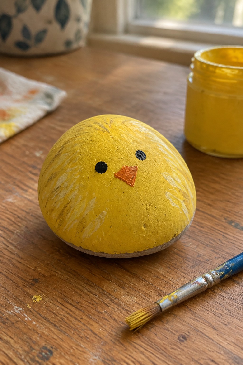 Yellow painted rock chick with black eyes and orange beak beside paintbrush on wooden table.