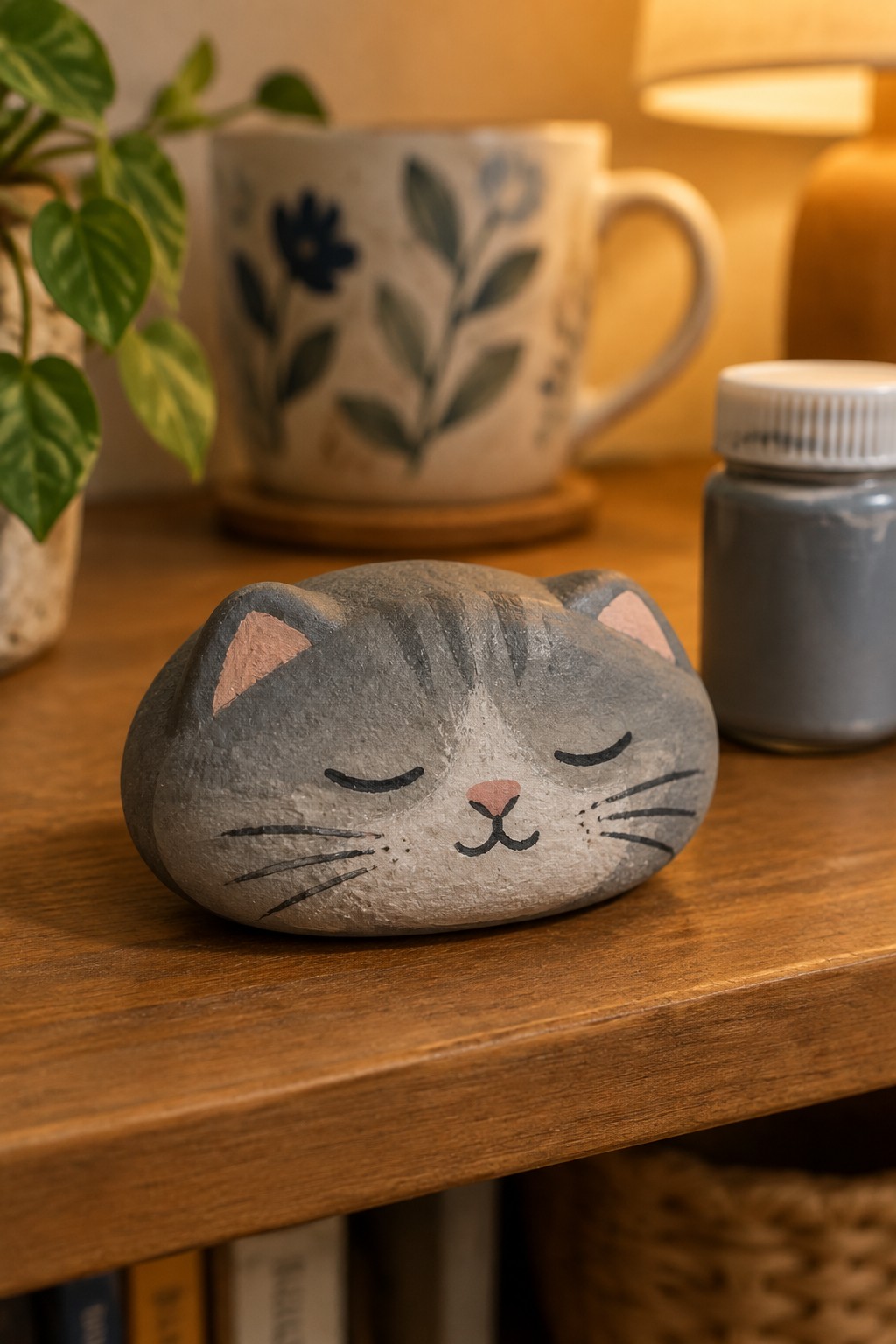 Painted gray cat rock with closed eyes on wooden table beside floral mug