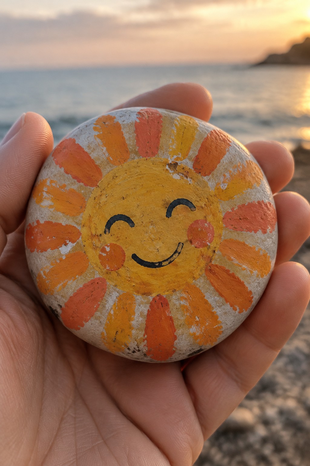 Hand holding round rock painted with smiling sun face against ocean at sunset