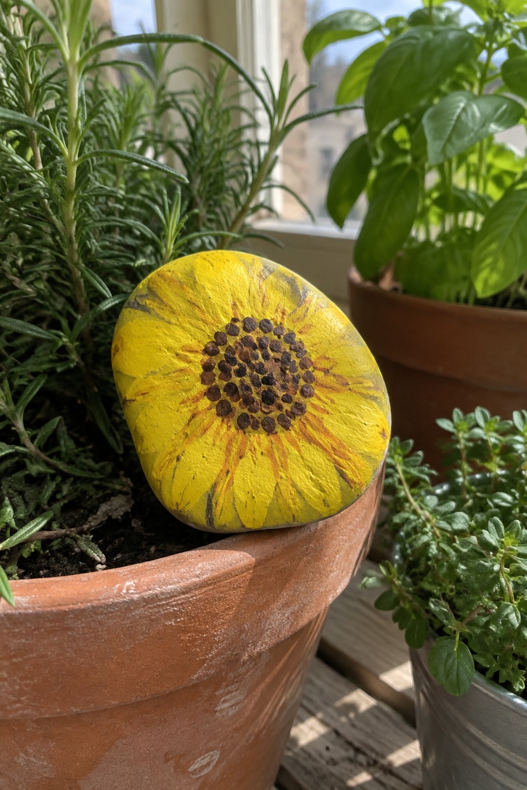 Painted yellow sunflower on stone atop terracotta pot amid green herbs.
