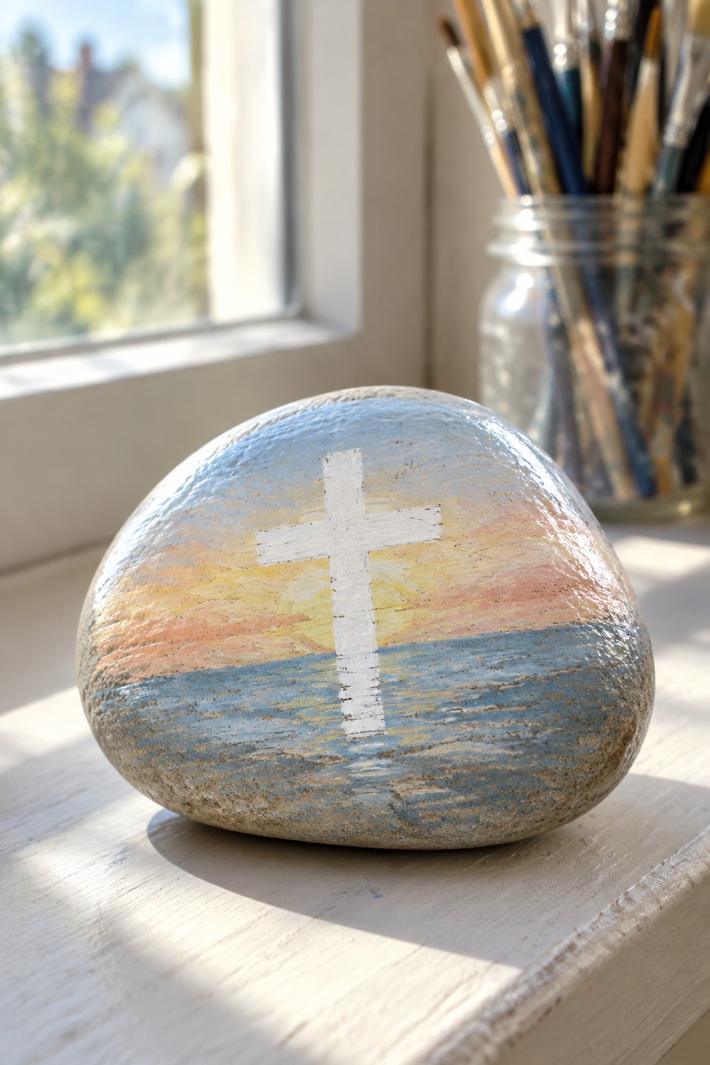 Painted rock with sunset and white cross on windowsill near paintbrush jar