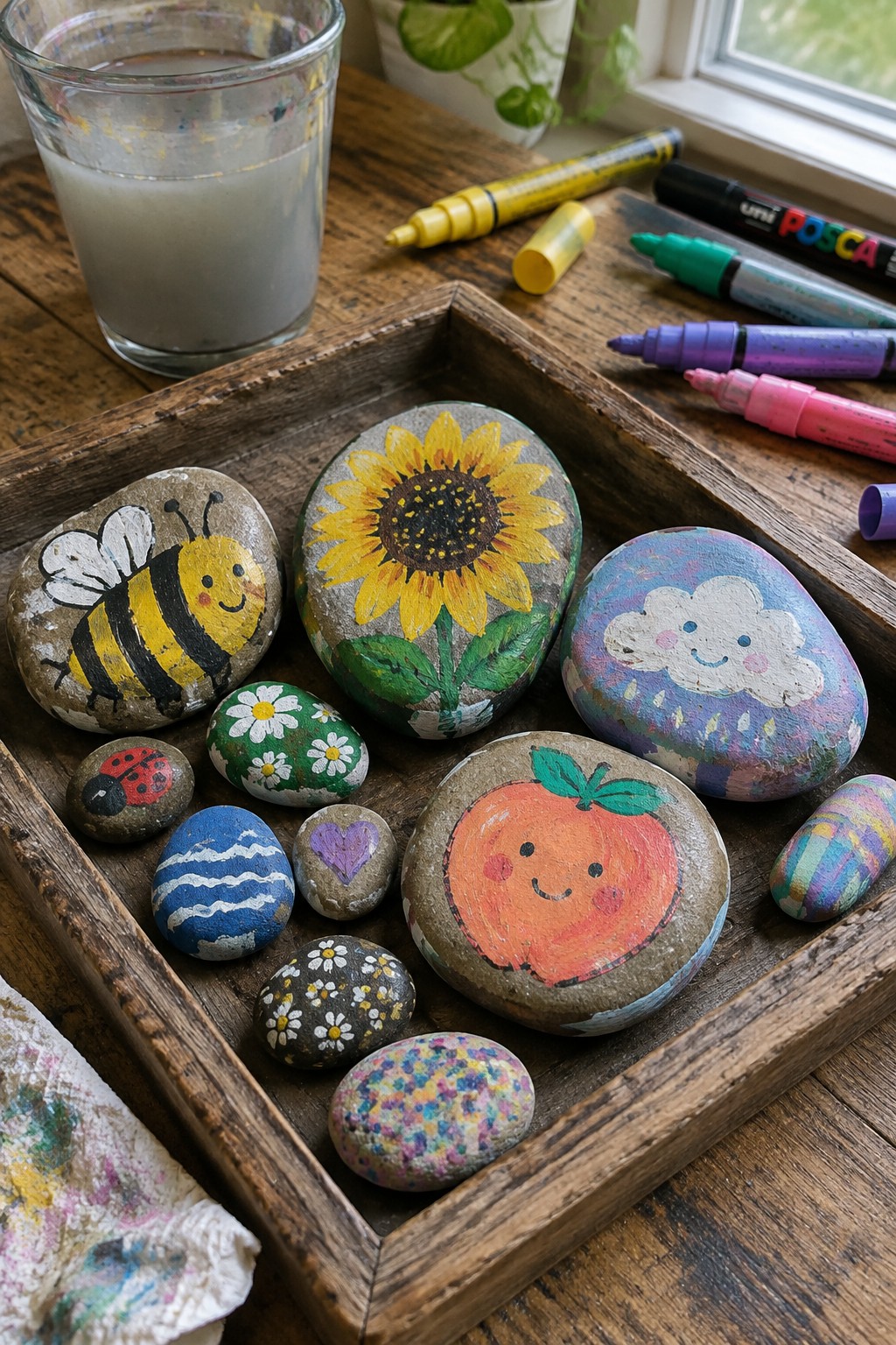 Colorful painted rocks with bee, sunflower, cloud, peach, and flower designs in wooden tray