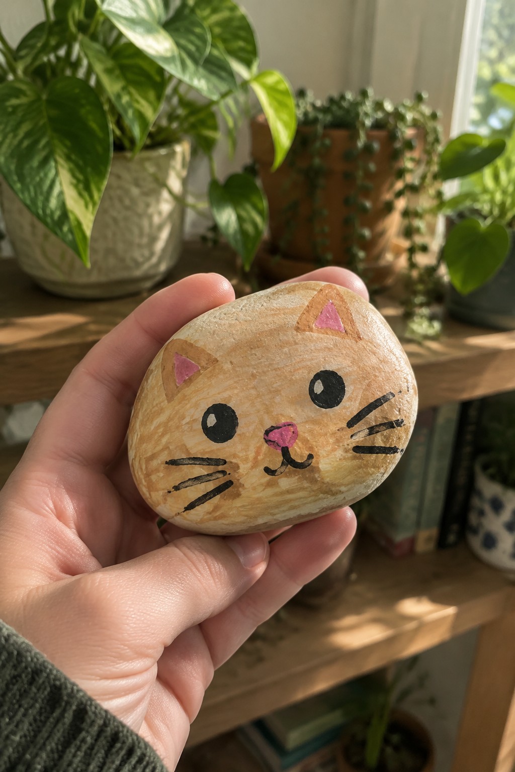 Hand holding beige rock painted as cat face with pink ears, nose and whiskers.