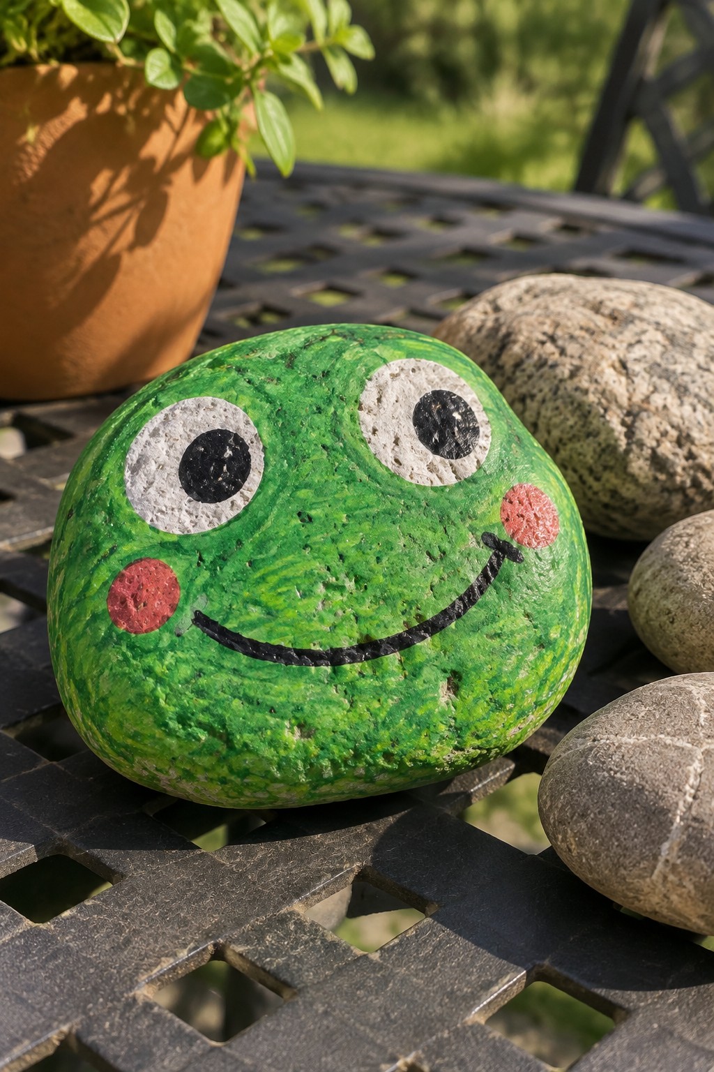 Green painted rock with frog face, white eyes and red cheeks on metal table