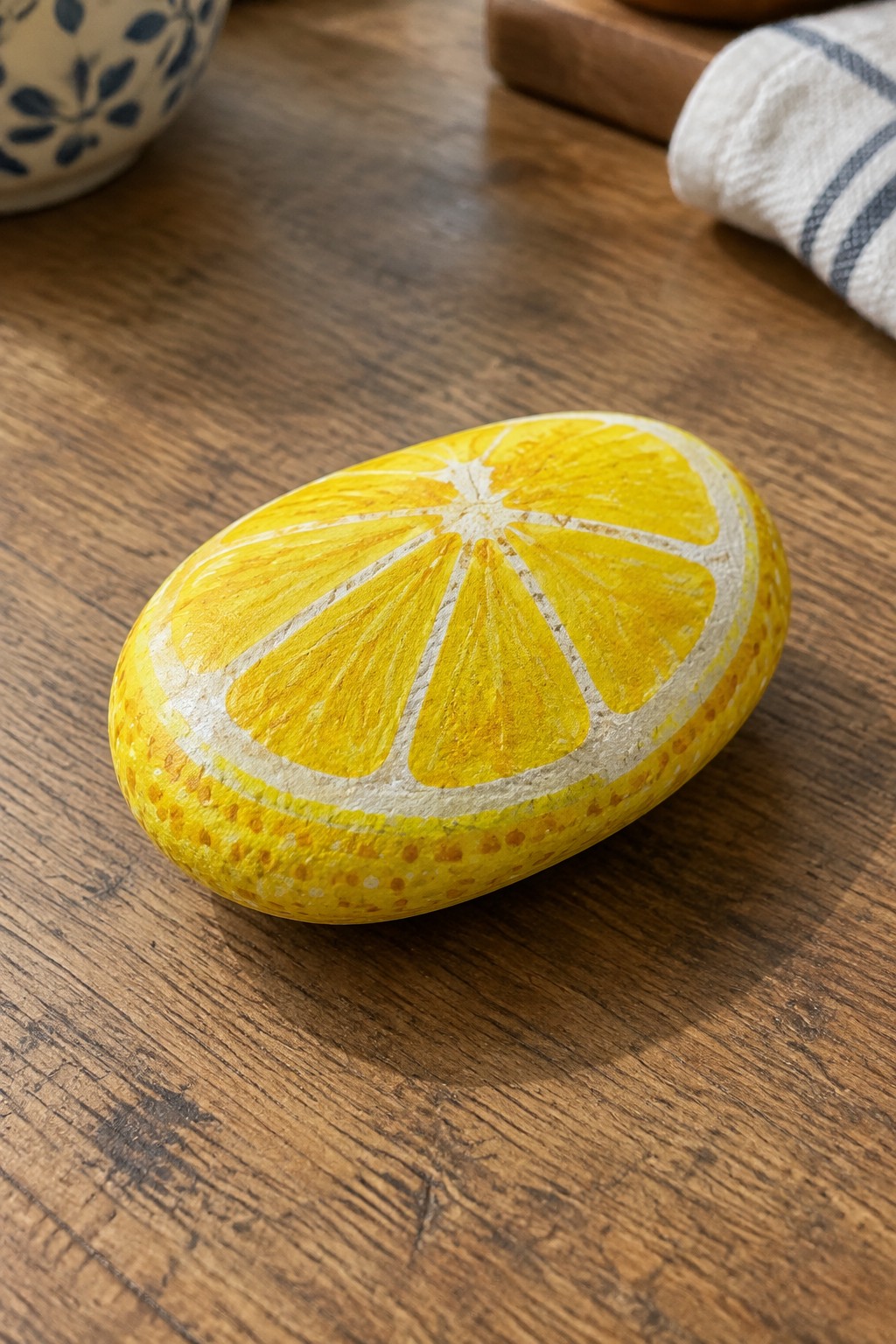 Oval rock painted as a yellow lemon slice on wooden table