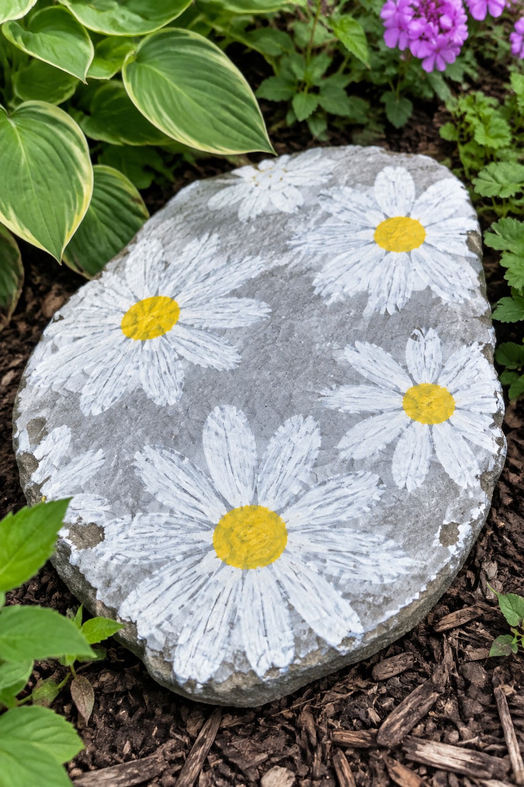 Gray rock painted with white daisies and yellow centers in garden mulch