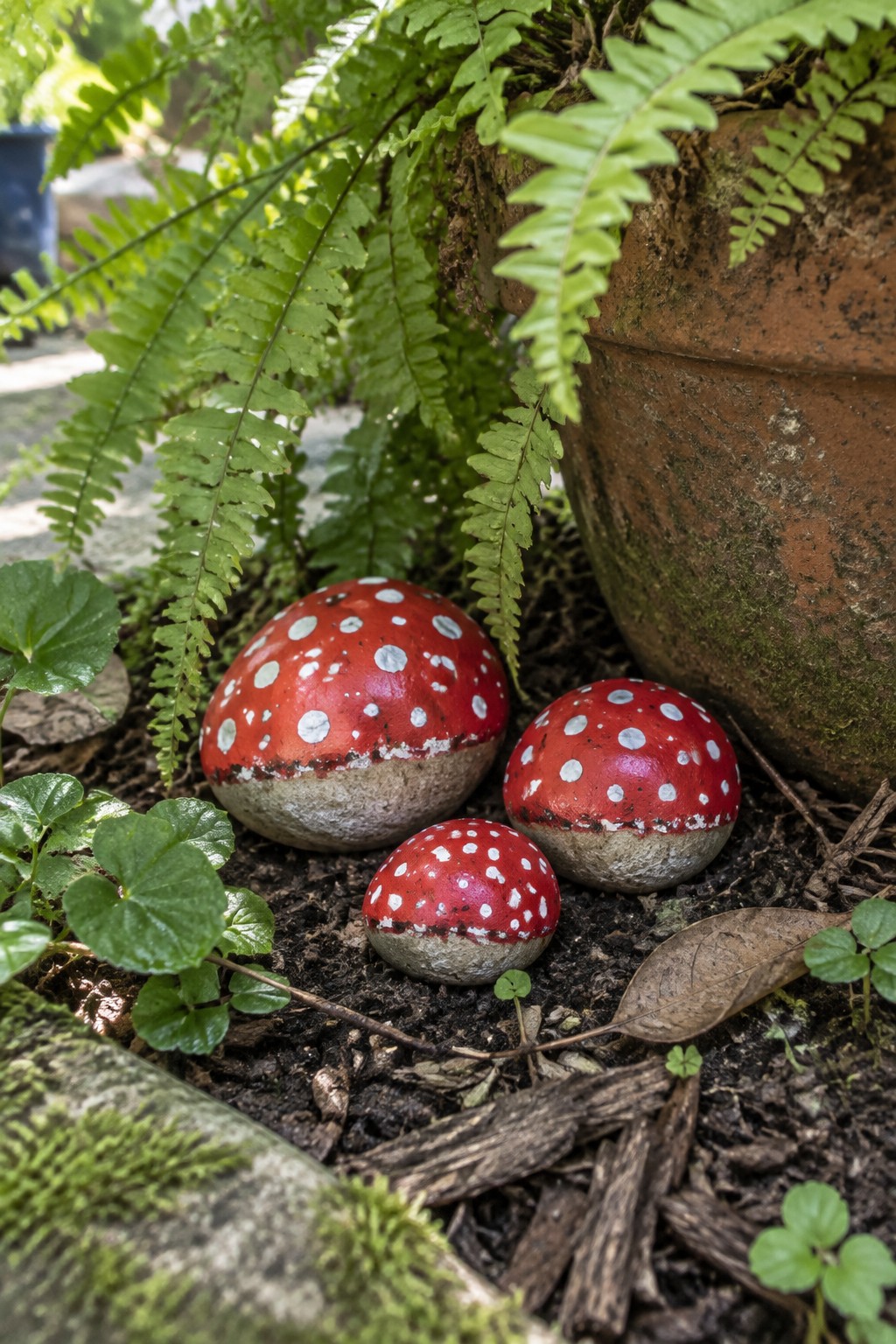 Three red and white spotted mushrooms beside ferns and rusty pot