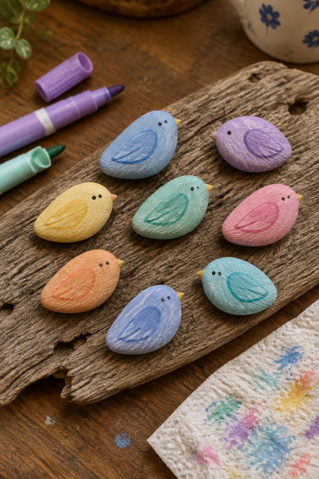 Colorful painted bird pebbles on rustic wood with markers and paint-stained towel