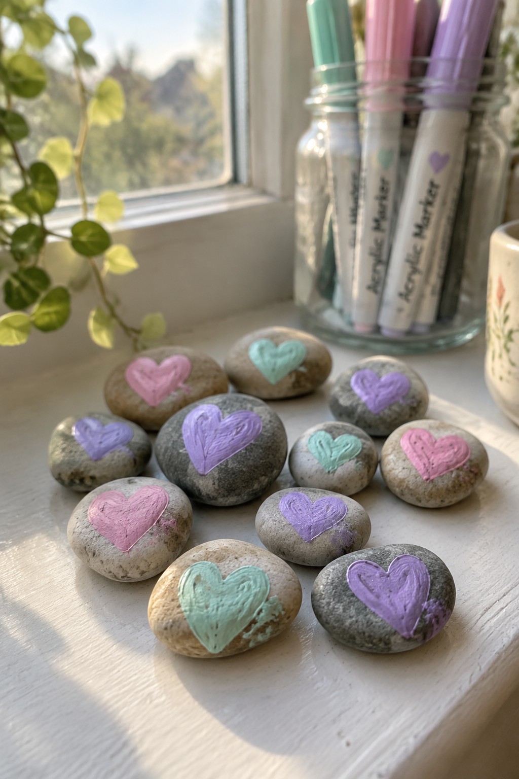 Colorful heart-painted stones on white windowsill beside marker jar and plant