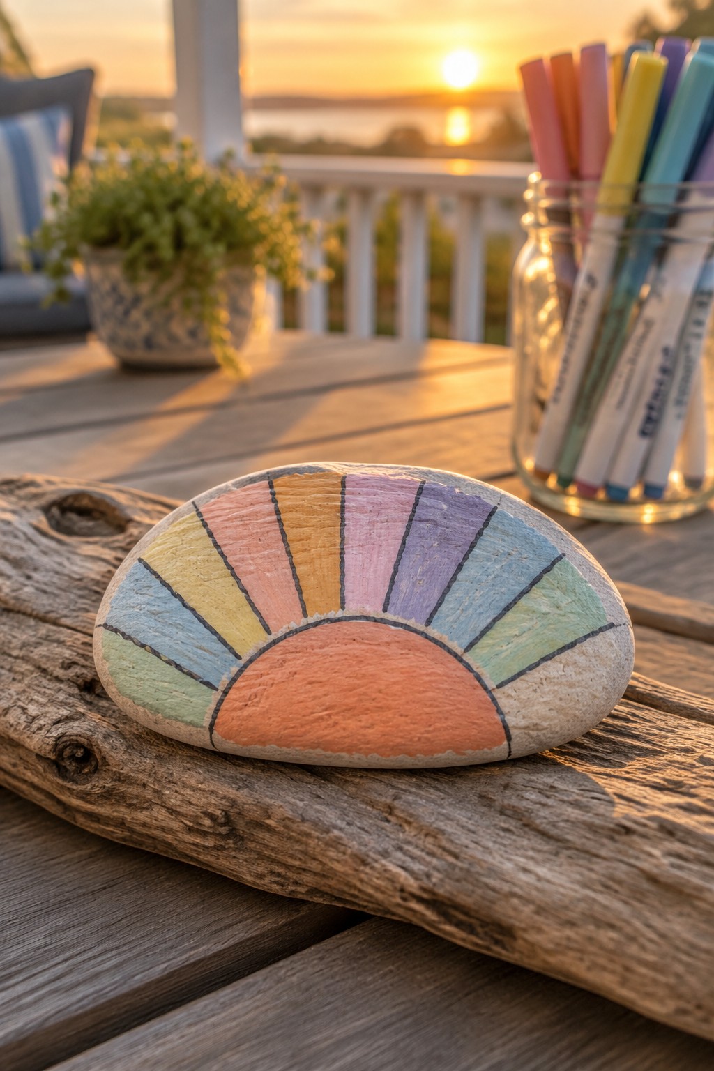 Painted rock with rainbow sun rays on driftwood at sunset