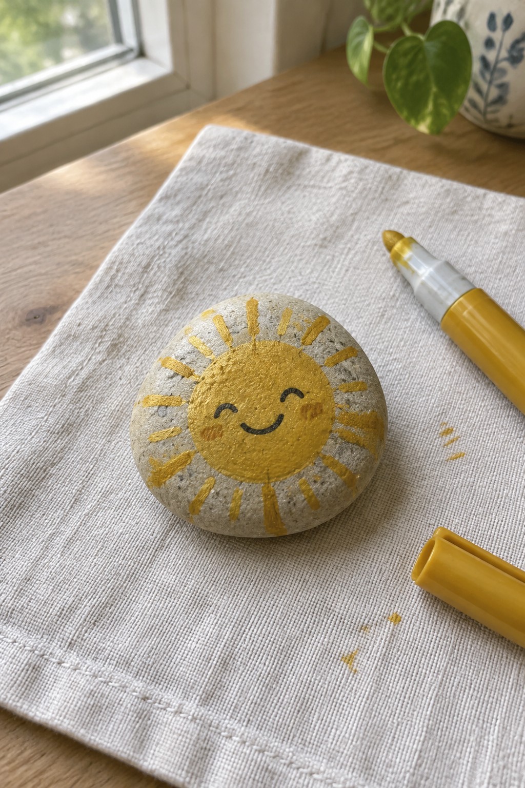 Painted stone with smiling yellow sun on white cloth beside yellow marker.