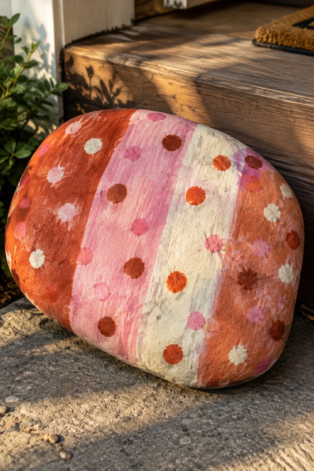 Colorful painted rock with red, pink, white stripes and polka dots on concrete.