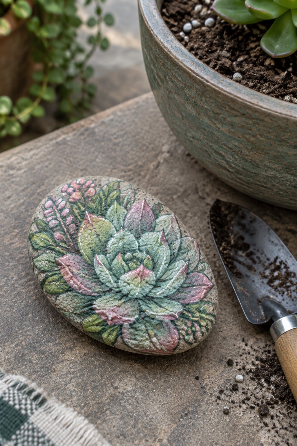 Painted rock with succulent design beside trowel and potted plant on stone surface