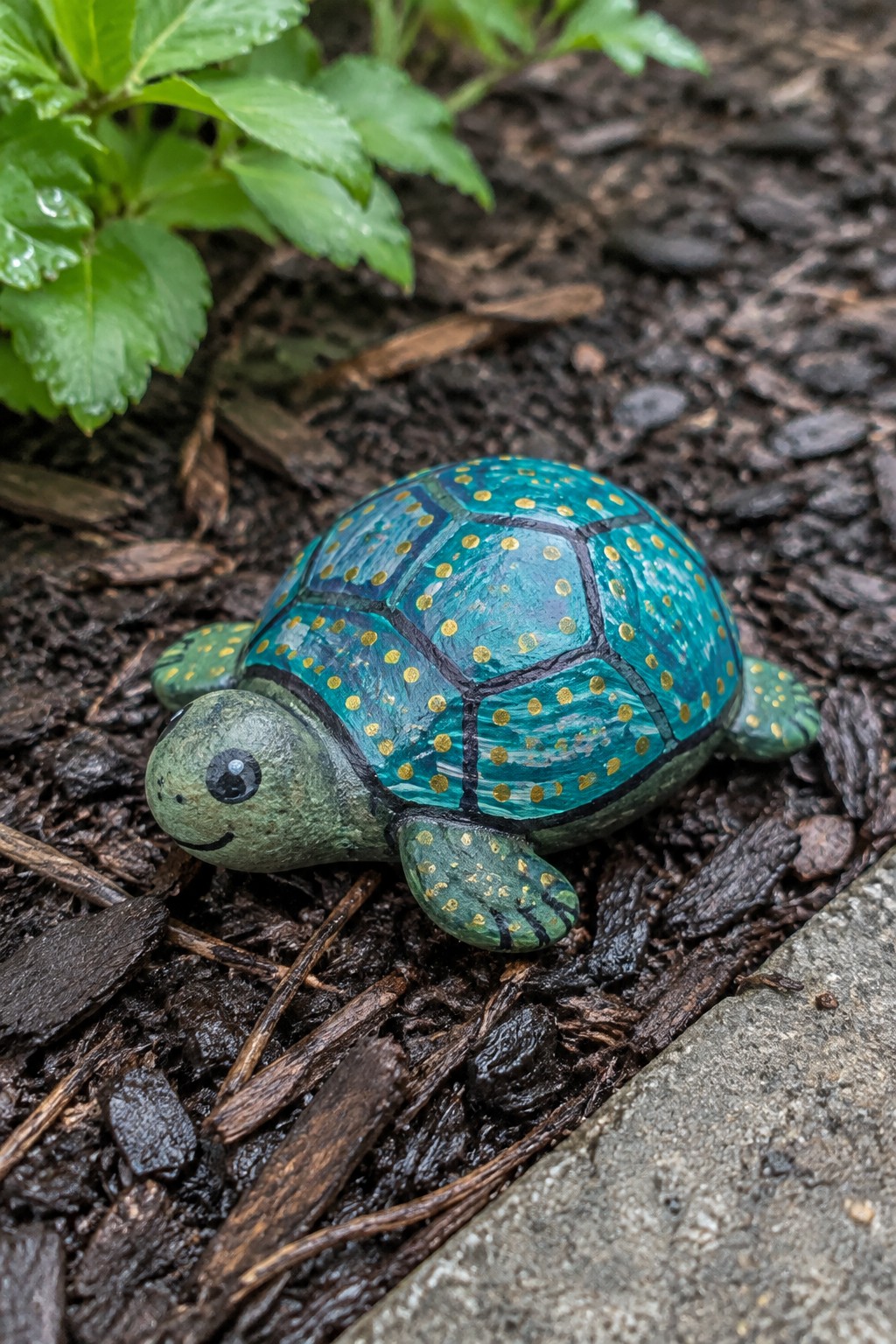 Turquoise painted turtle figurine with gold dots on shell in mulch