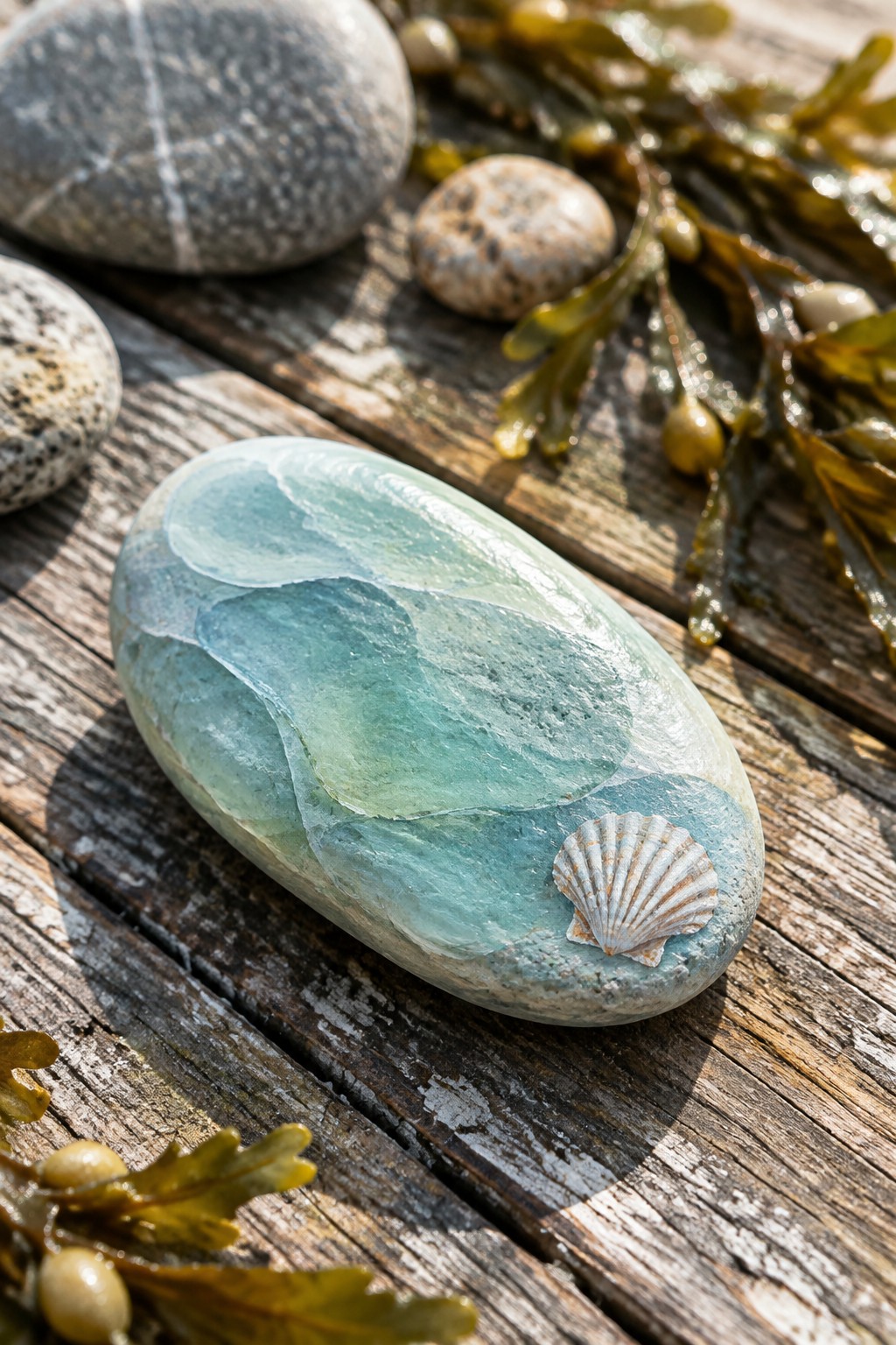 Painted turquoise stone with wave design and seashell on wood amid seaweed