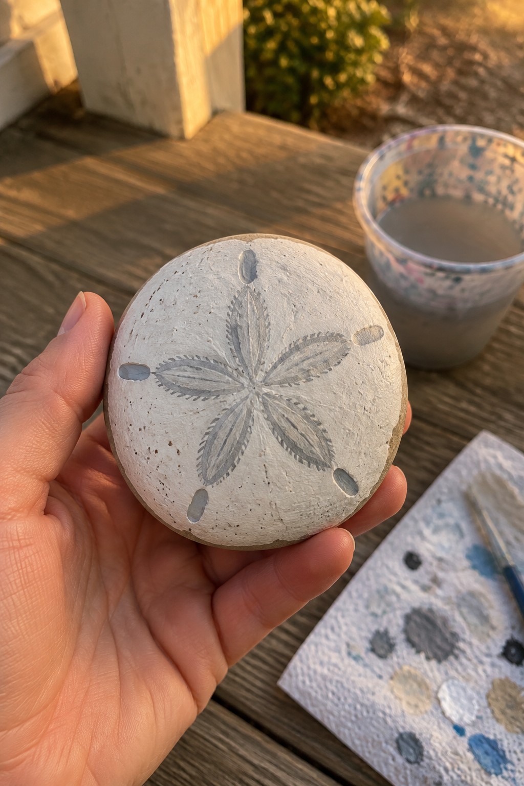 Hand holding white sand dollar with gray star design near paint supplies.