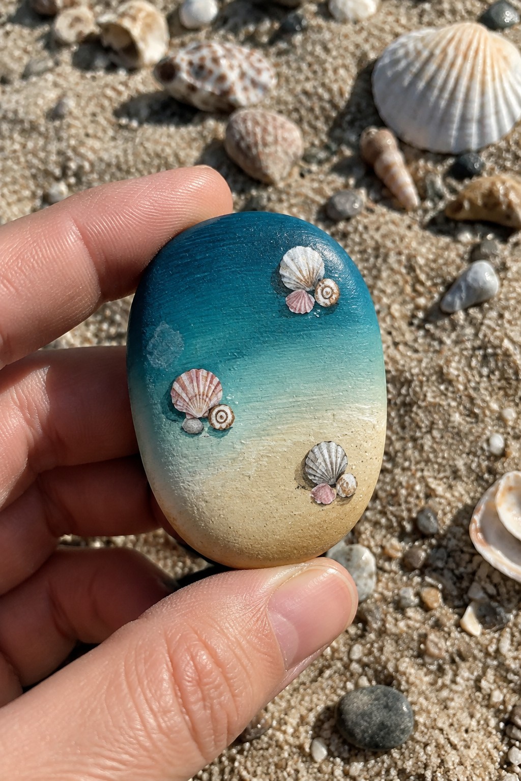 Hand holding oval rock painted blue-to-sand gradient with attached seashells on beach