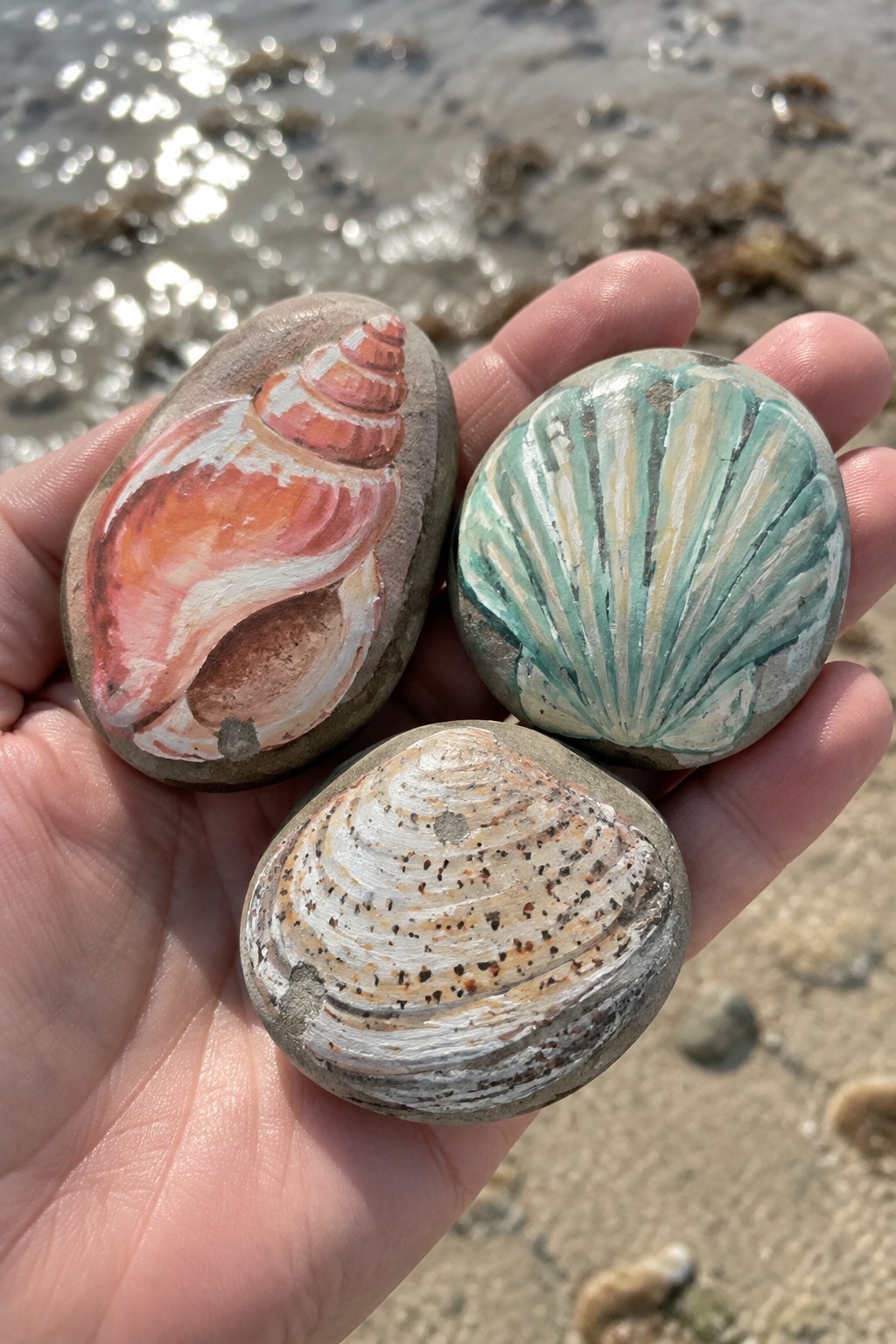 Hand holding three rocks painted as orange, teal, and striped seashells on beach