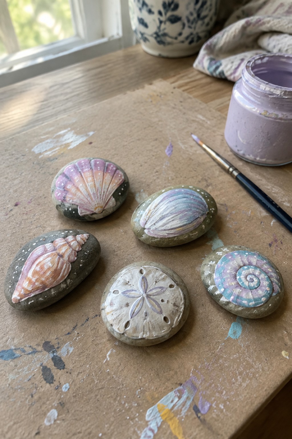 Seashell-painted rocks on wooden table beside open jar of purple paint and brush.