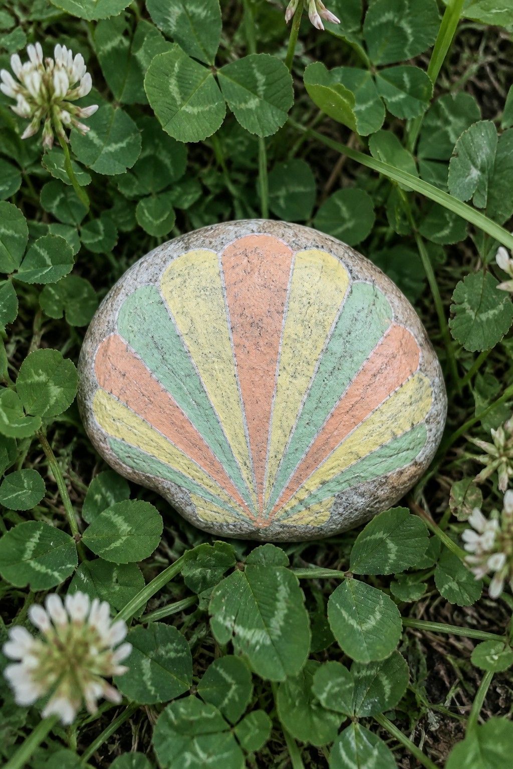 Painted rock with colorful radiating shell design amid green clover and white flowers