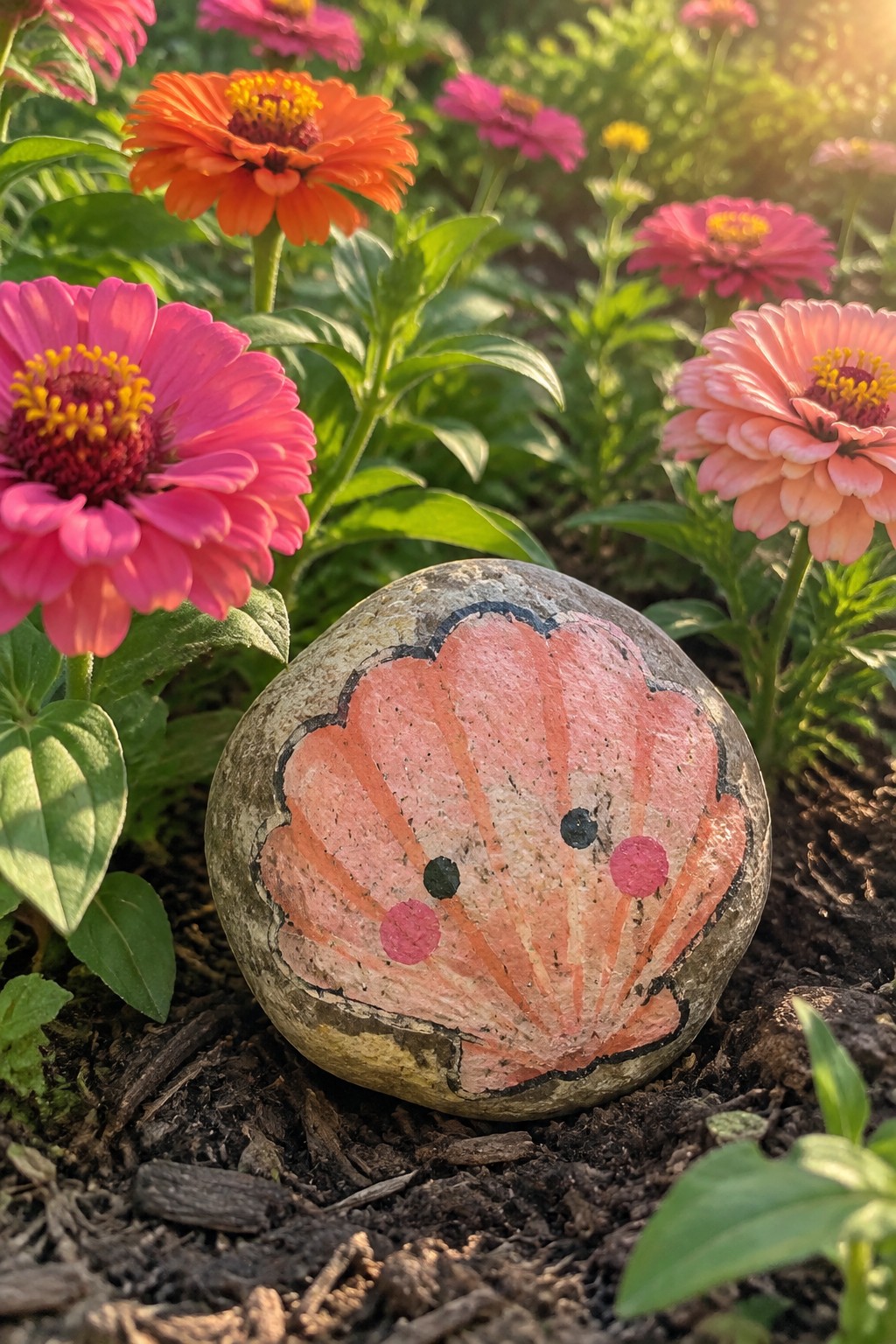 Painted rock with smiling seashell face amid pink and orange garden flowers