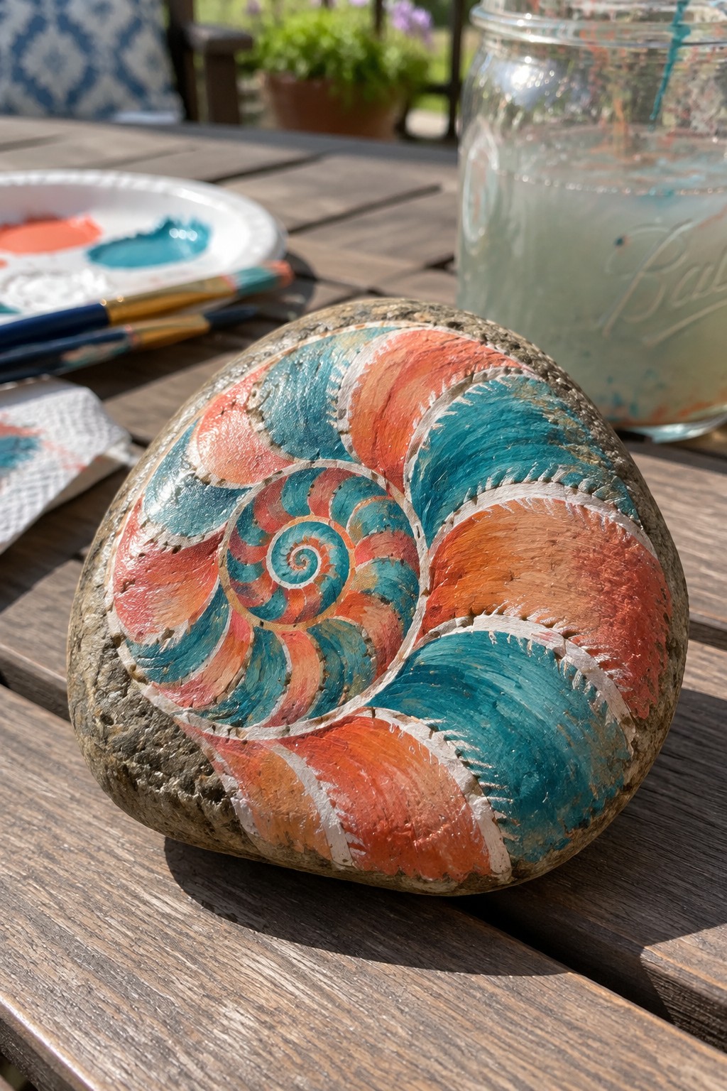 Painted rock with orange teal nautilus shell design on wooden table beside art supplies