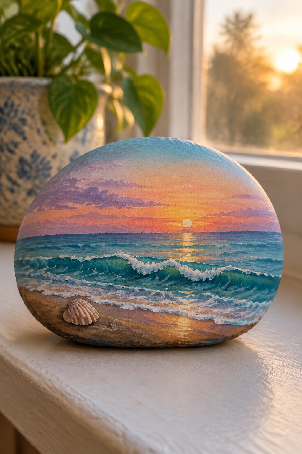Painted rock with vibrant sunset over ocean waves and seashell on windowsill