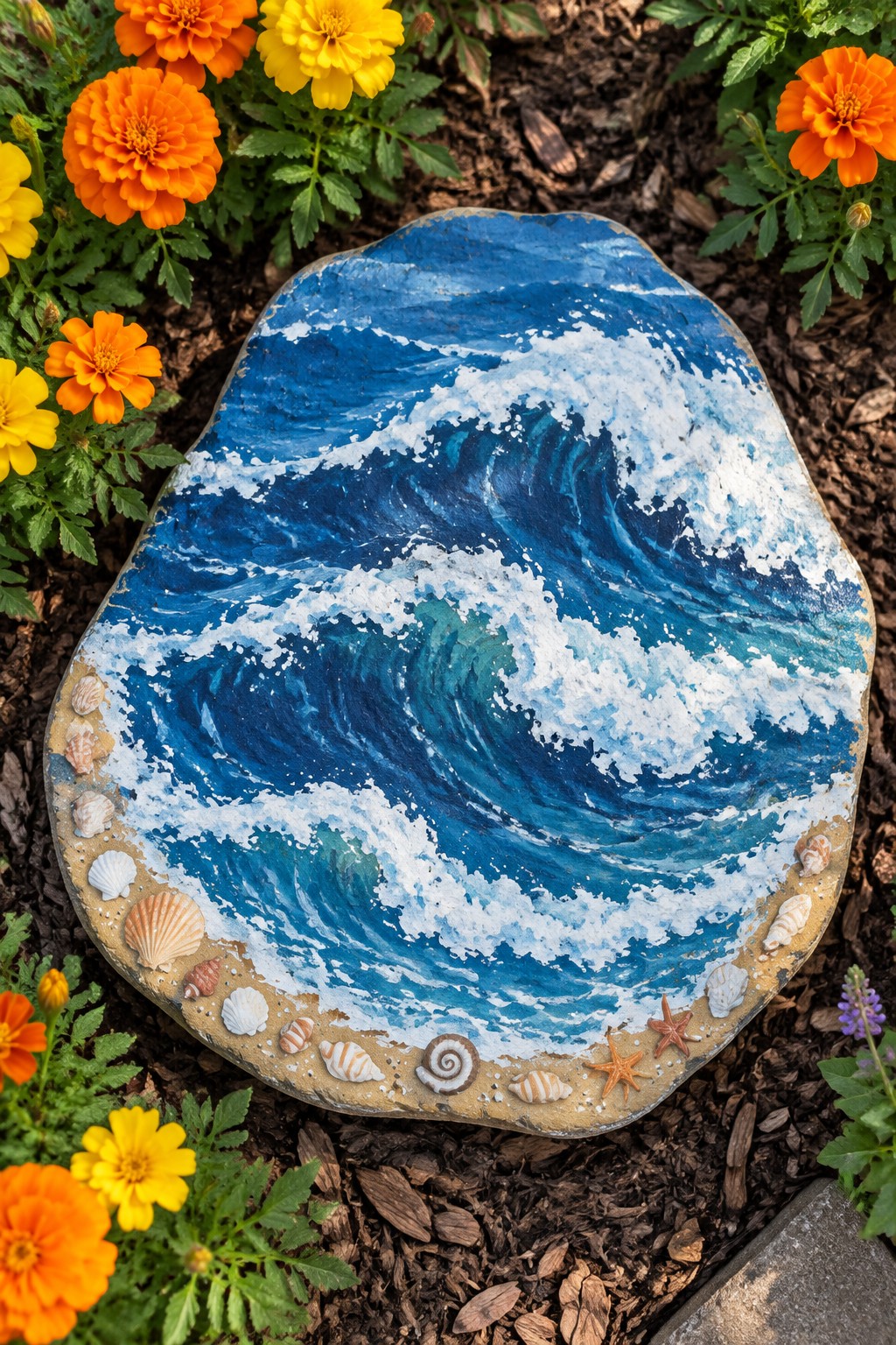 Painted rock with blue ocean wave and seashells amid marigolds and mulch