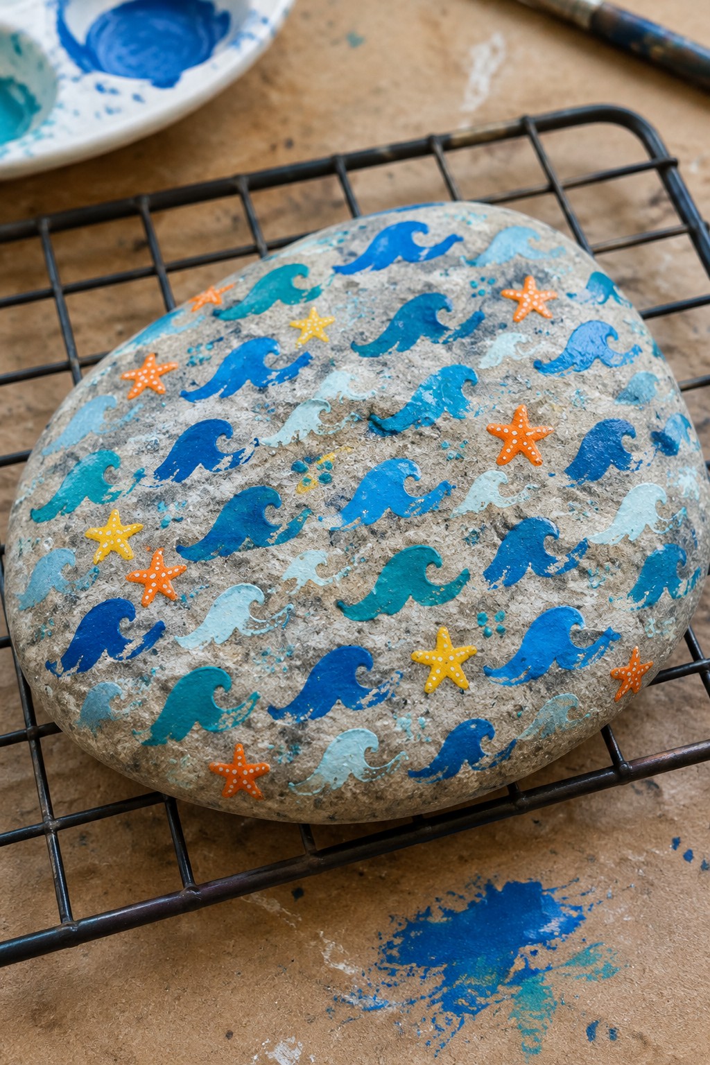 Painted stone with blue waves and starfish on black wire rack