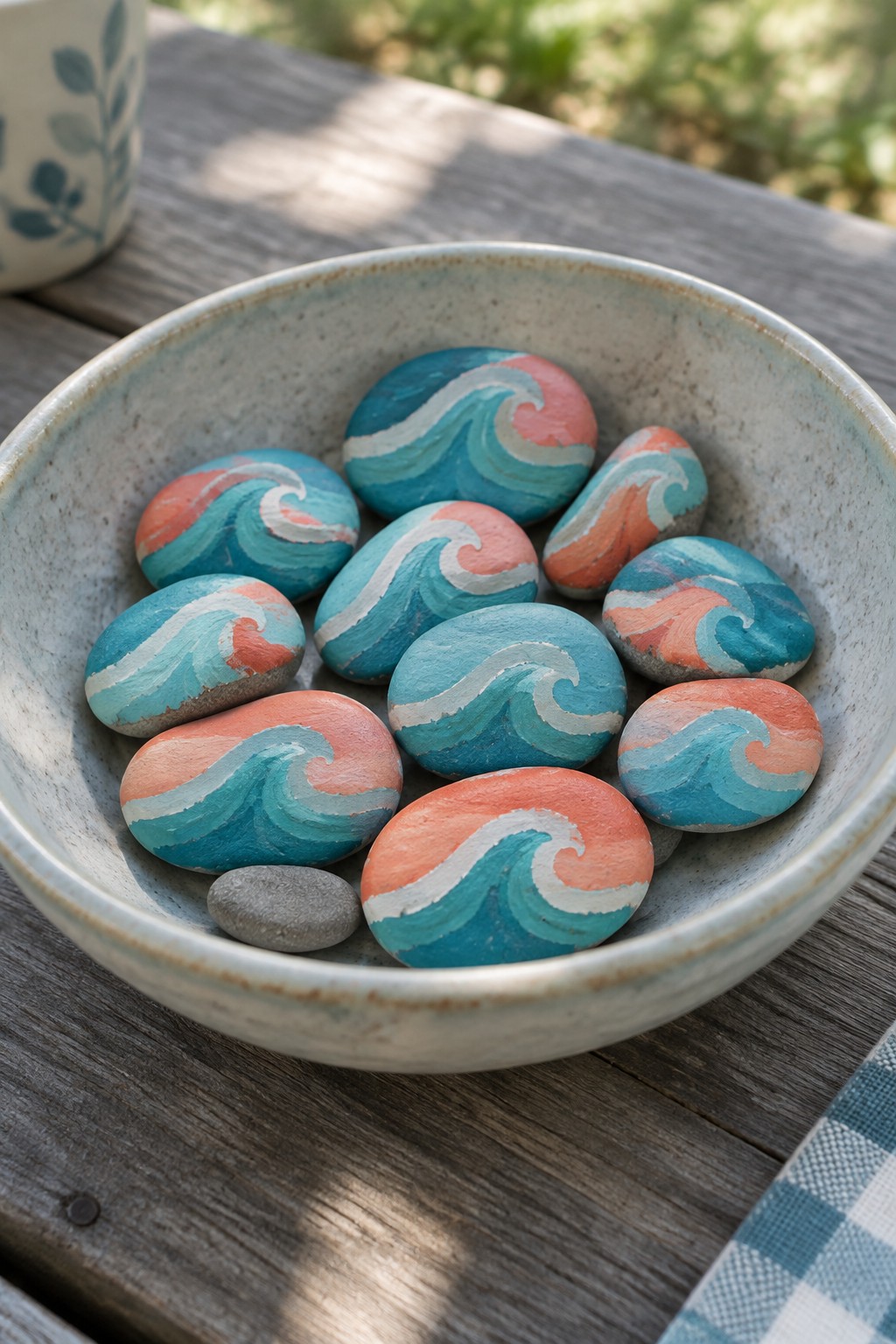 Light blue bowl holding smooth stones painted with colorful wave designs on wood.