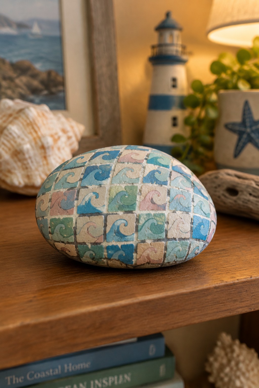 Colorful mosaic stone with wave tiles on wooden shelf near lighthouse and books