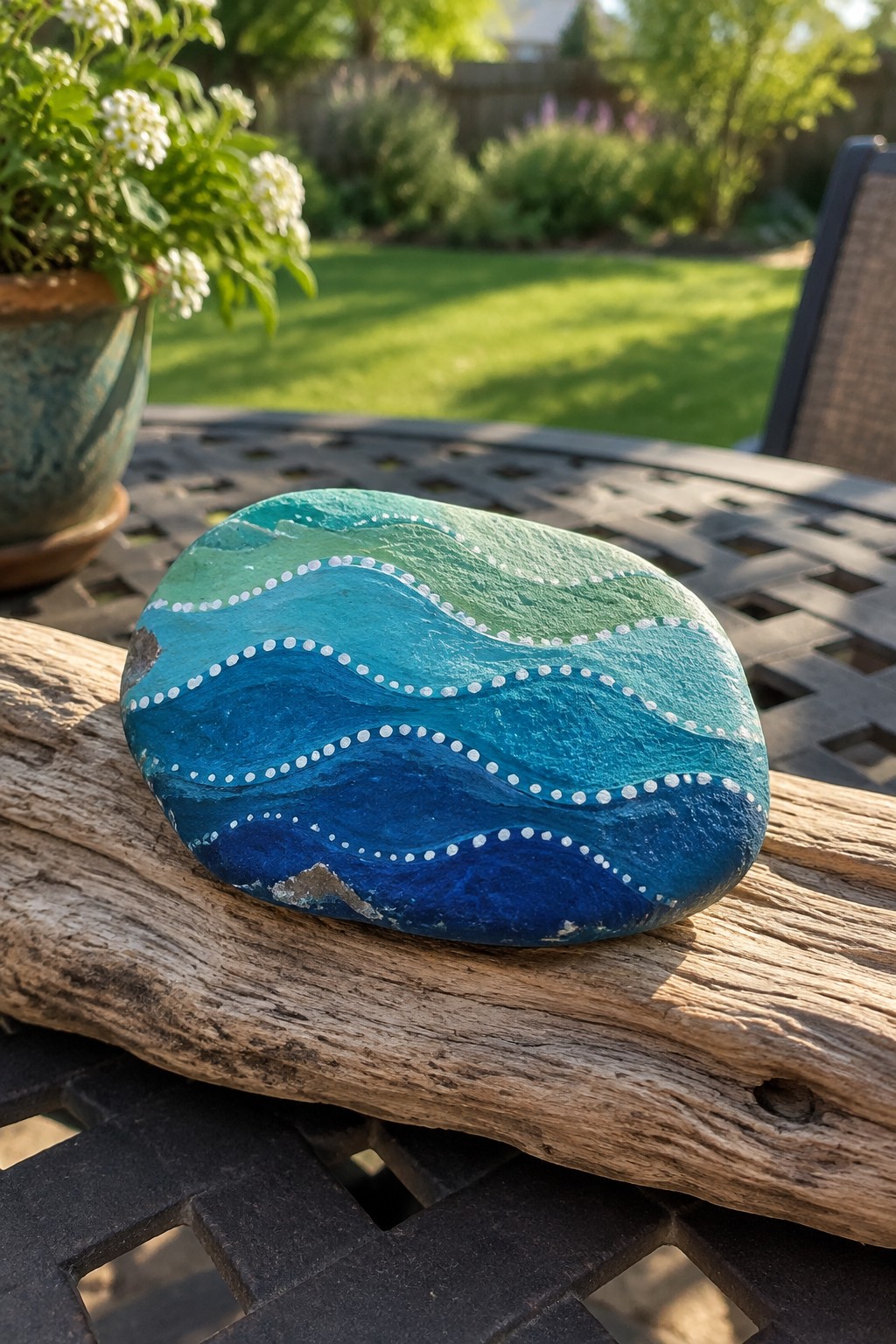 Painted rock with blue-green waves and white dots on weathered wood outdoors