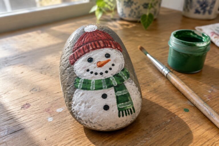 Snowman rock with red hat and green scarf beside paintbrush and green paint on wood table.