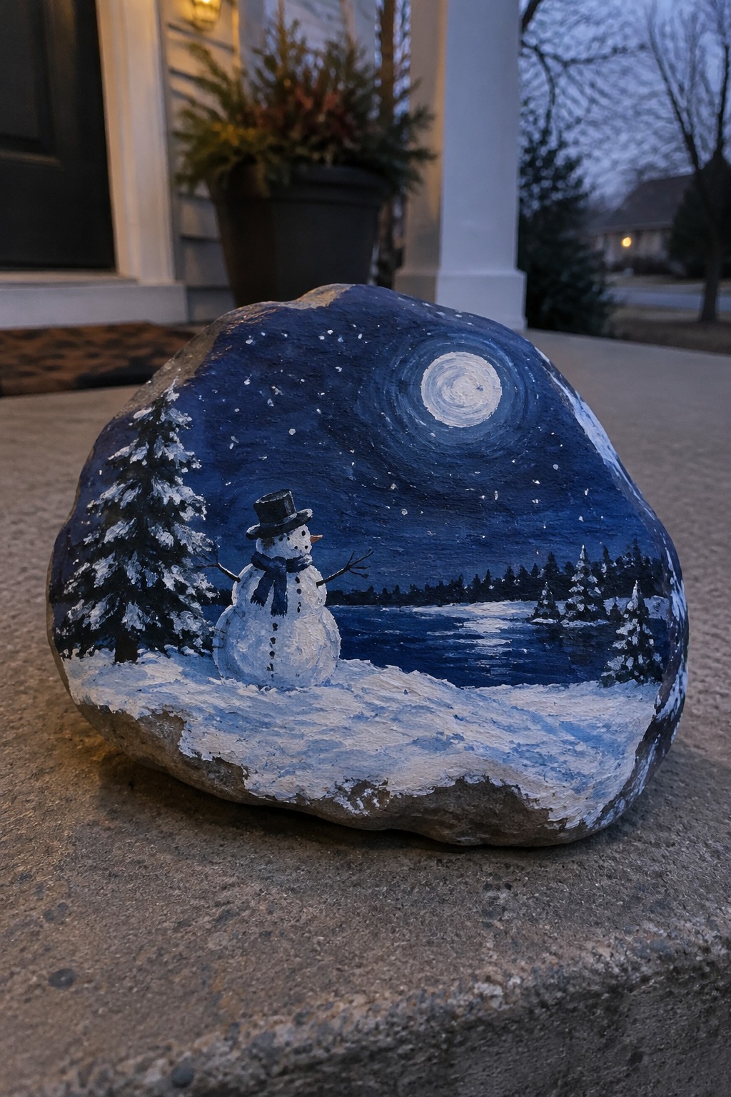 Painted rock with snowman in top hat and scarf under moonlit snowy night sky
