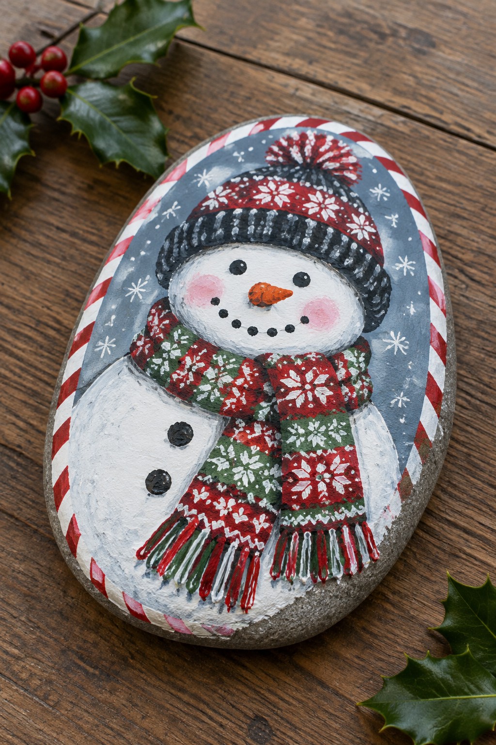 Hand-painted snowman rock with red-white hat, green-red scarf, and candy cane border.