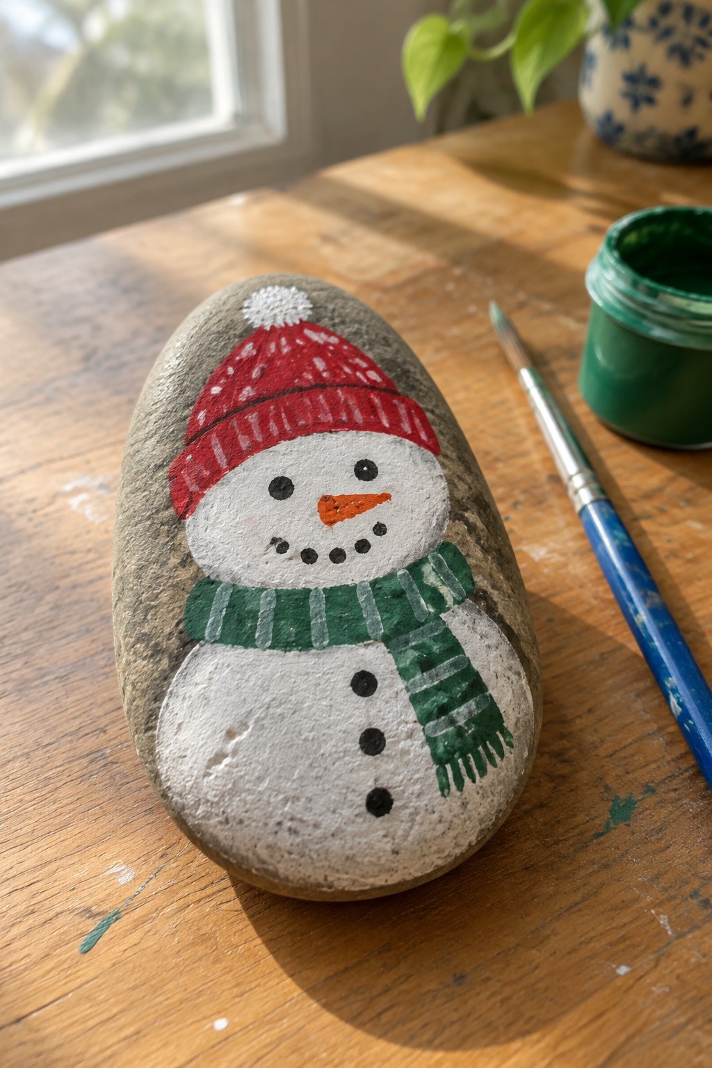 Snowman rock with red hat and green scarf beside paintbrush and green paint on wood table.