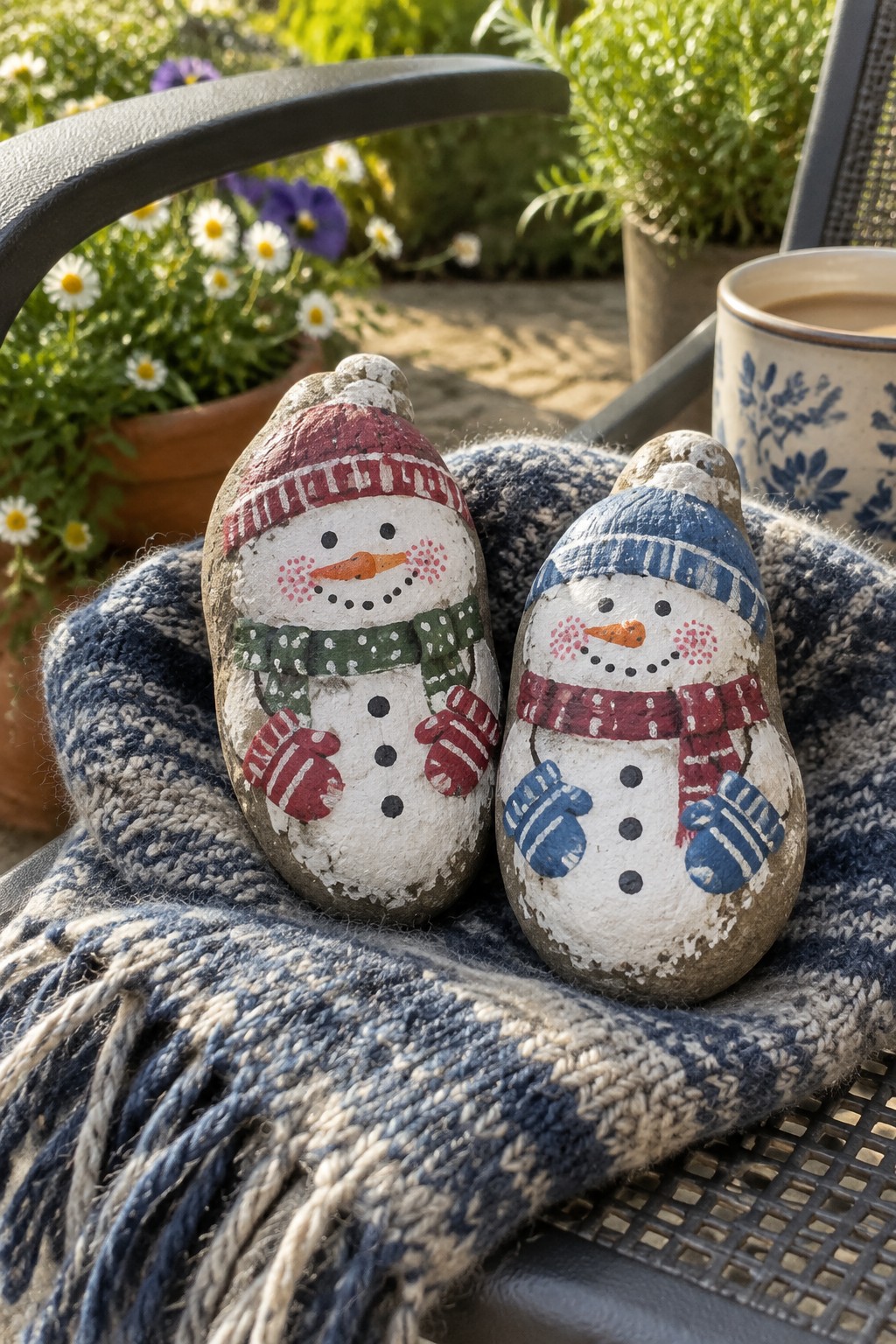 Two painted rock snowmen in hats and mittens on a plaid blanket beside a mug.