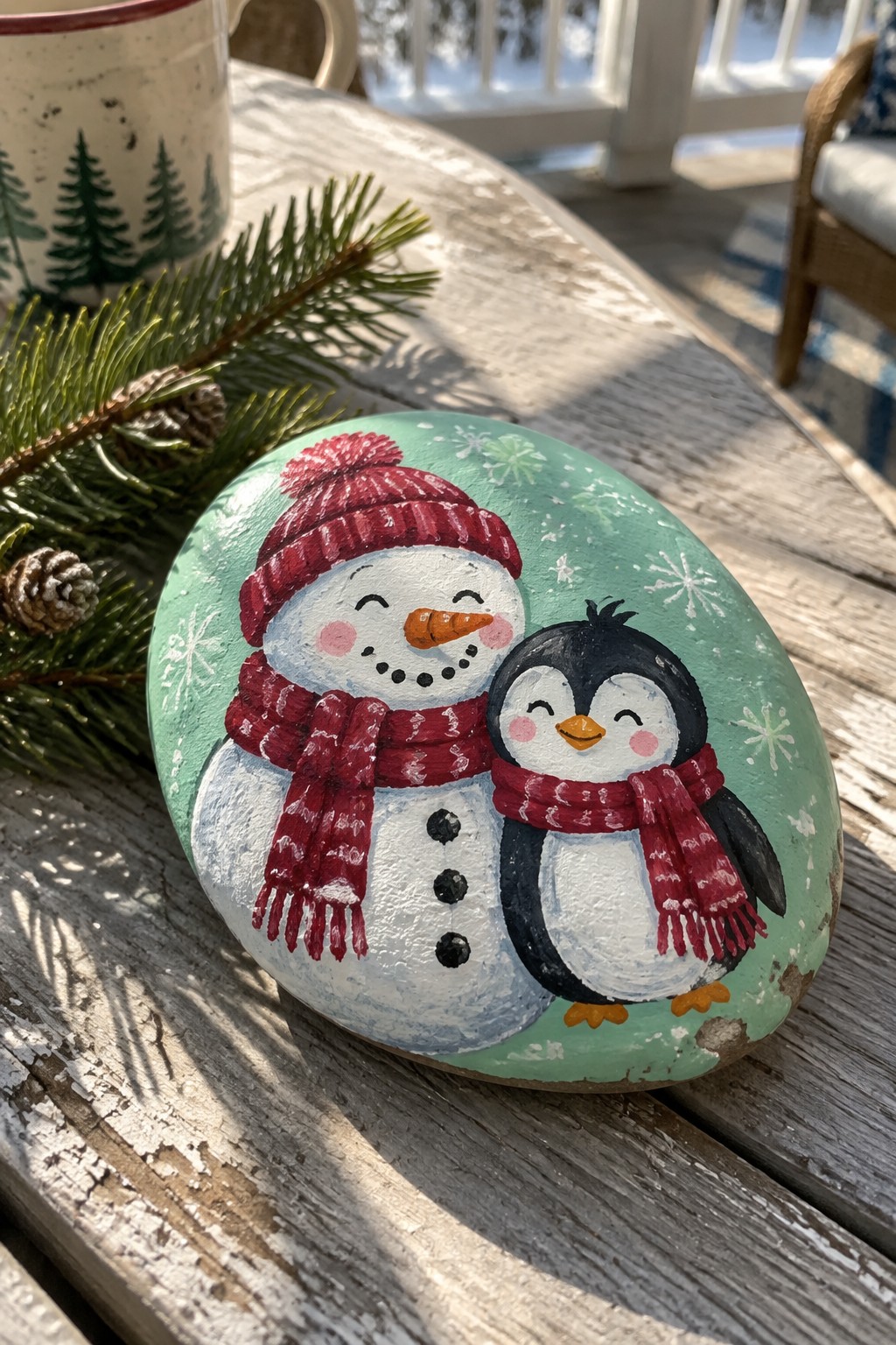 Painted rock with snowman in red hat and scarf beside penguin with red scarf