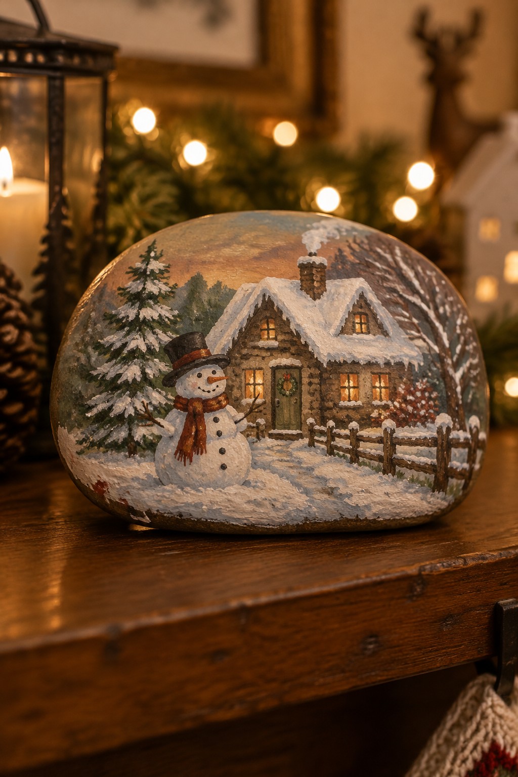 Painted rock showing snowman in top hat beside glowing snowy cottage and fence.