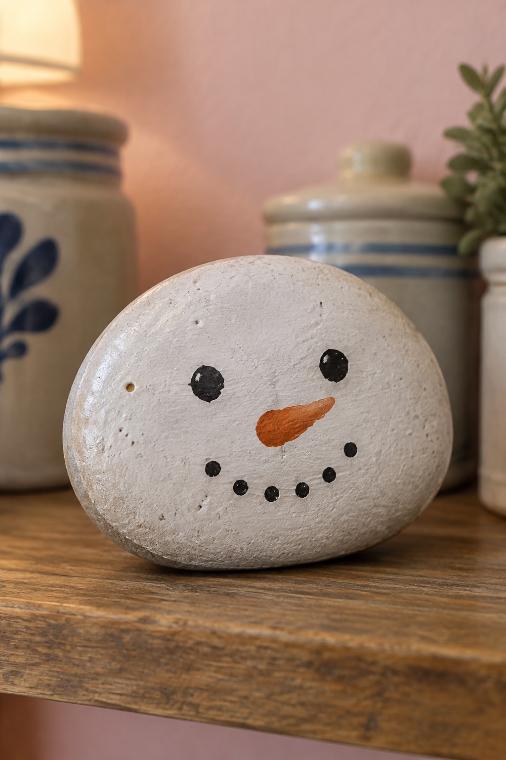 White oval rock painted as snowman with black eyes, orange nose on wood