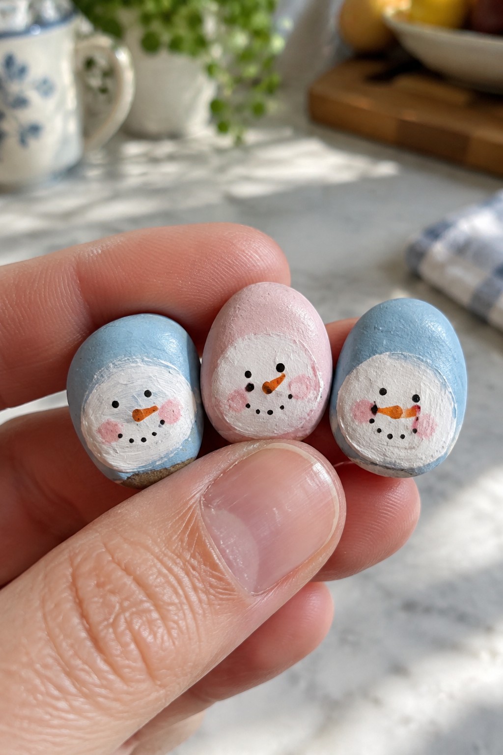 Hand holding three painted pebble snowmen with blue-pink bodies and orange noses