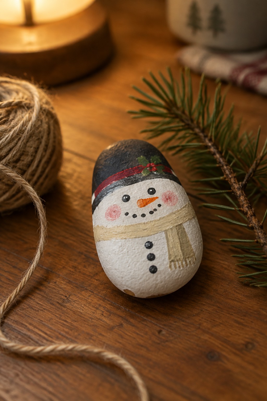 Painted pebble snowman with black hat, scarf, and carrot nose on wooden table with twine and pine.