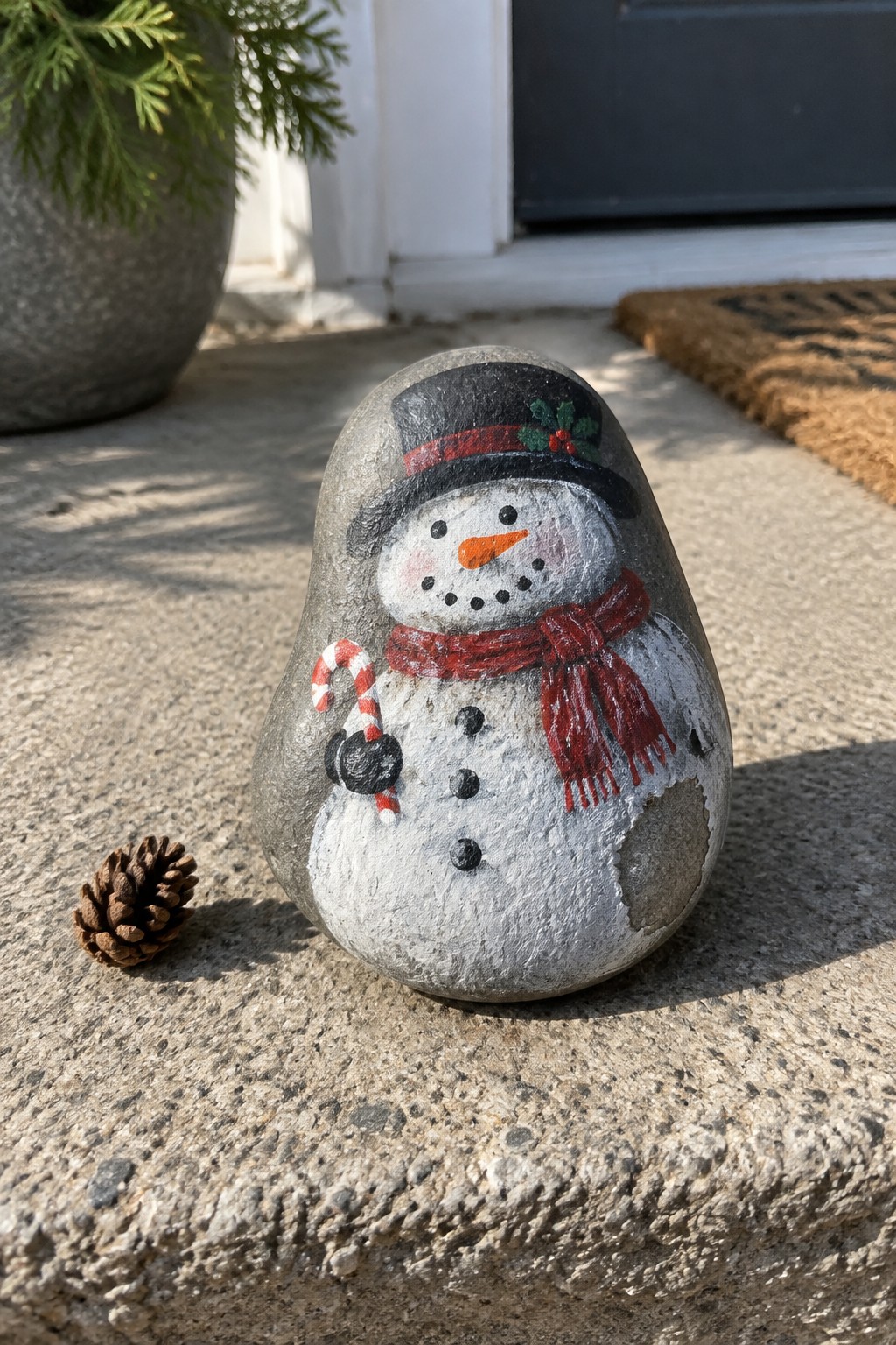Painted rock snowman with black hat, red scarf, candy cane, and pinecone nearby.
